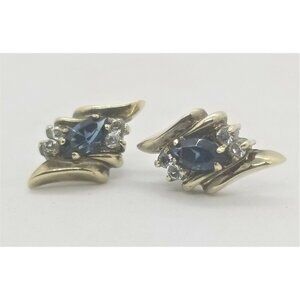 Vintage Gold Tone Glass Blue Clear Rhinestones Marquise Cut Classic Earrings